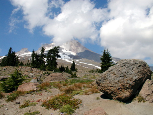 A big boulder at the foot of Mt. Hood